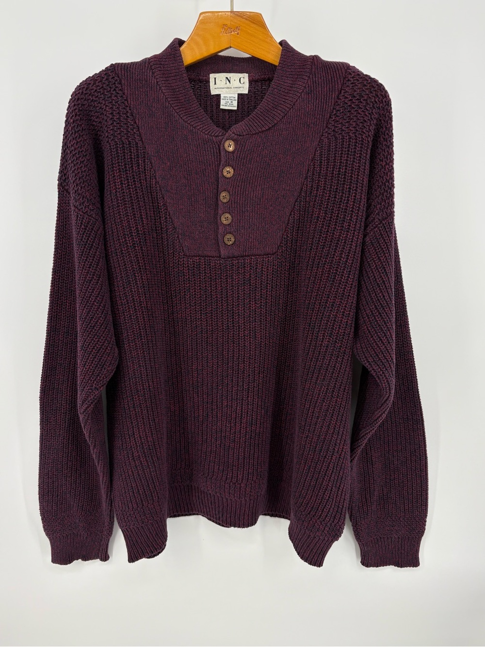 Vtg INC International Concepts Knit Henley Sweater Mens M Maroon Burgundy